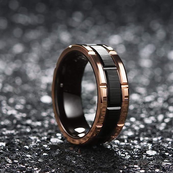 Genuine Tungsten Carbide 8mm, polished, inner ring rose gold, shining finish, inlaid with Comfort Fit wedding band Size 6-15