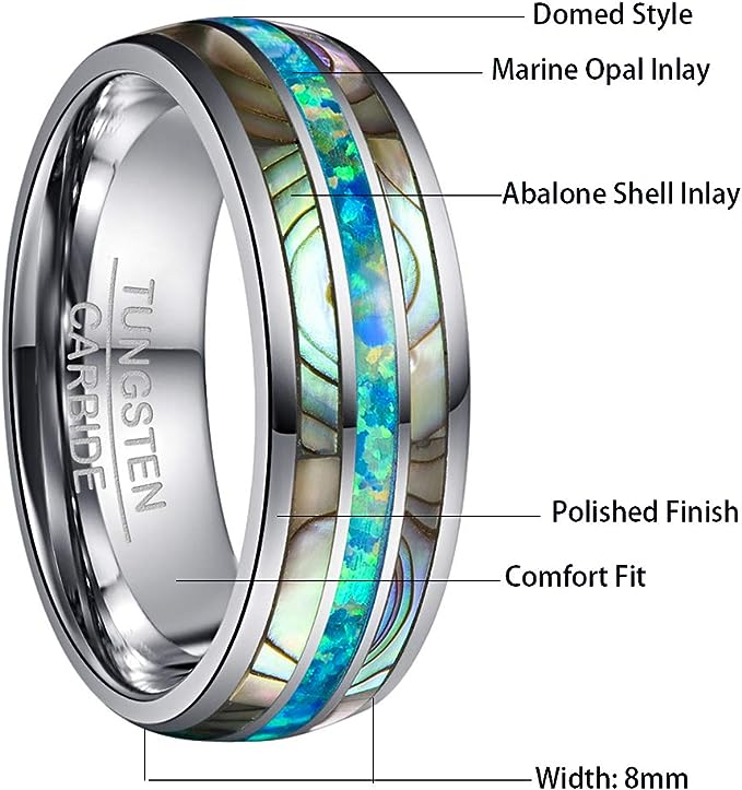 Genuine Carbide Tungsten Color: 8mm RING Marine Opal Silver Inner high polished inner-face design smooth and shiny. Comfort Fit Wedding Band Size 6-15