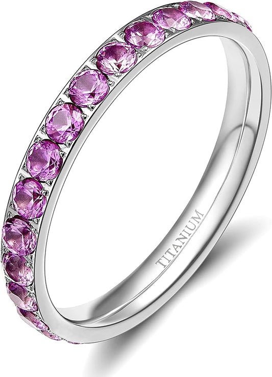 Genuine Titanium Silver 3mm Wide Ring Cubic Zirconia Eternity High Polished Comfort Fit.