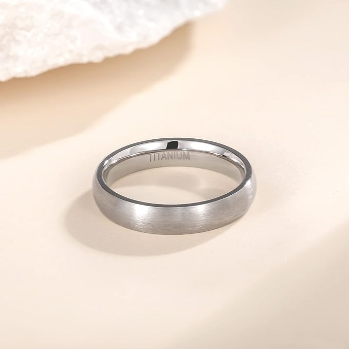 Genuine Titanium Silver Brushed 4mm Wide Dome Ring Wedding Band High Polished Comfort Fit.