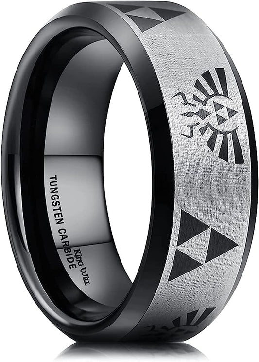 Genuine Carbide Tungsten Color: BLACK The Legend of Zelda Pattern inlay, 8mm RING Polished Shiny Comfort Fit Wedding Band Size Size 6-15