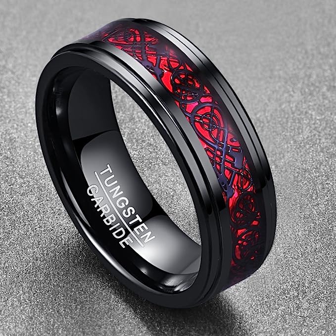 Genuine Carbide Tungsten Color: Black & Red Celtic Dragon Carbon Fiber 8mm RING Polished Shiny Comfort Fit Wedding Band Size Size 6-15