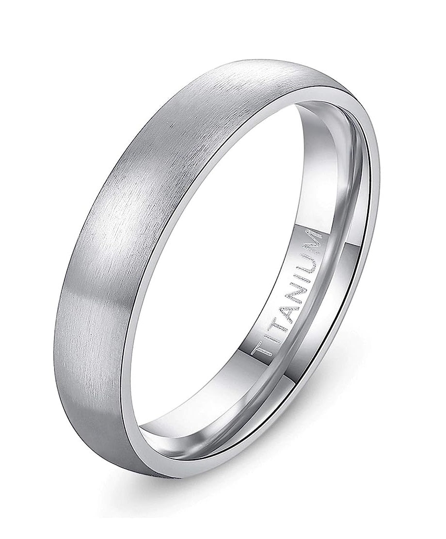 Genuine Titanium Silver Brushed 4mm Wide Dome Ring Wedding Band High Polished Comfort Fit.