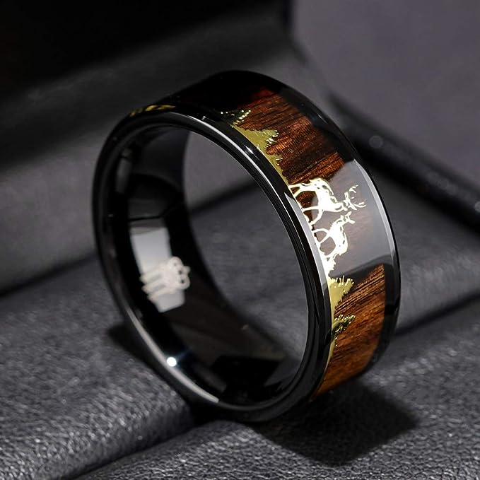 Genuine Carbide Tungsten Color: 8mm BLACK GOLD DEER FAMILY KOA WOOD inlay High polished inner-face design smooth and shiny. Comfort Fit Wedding Band Size 6-15