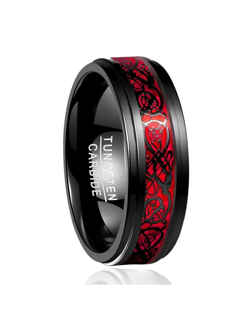 Genuine Carbide Tungsten Color: Black & Red Celtic Dragon Carbon Fiber 8mm RING Polished Shiny Comfort Fit Wedding Band Size Size 6-15