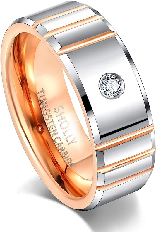 Genuine Tungsten Carbide 8mm, polished, inner ring rose gold, shining finish, inlaid with Comfort Fit wedding band Size 6-15