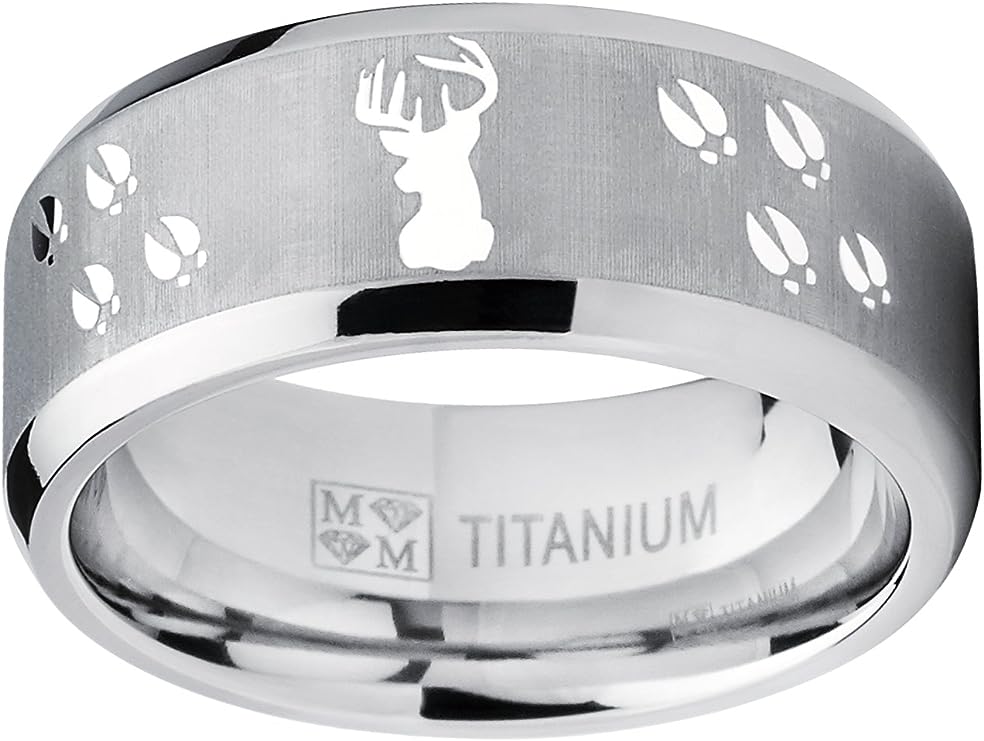 Genuine Titanium Silver 8mm Wide Ring Deer Tracks High Polished Comfort Fit.