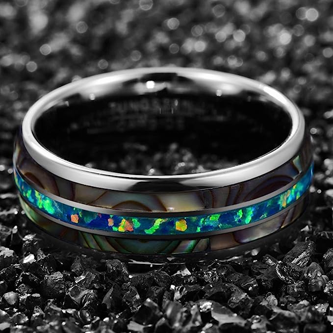 Genuine Carbide Tungsten Color: 8mm RING Marine Opal Silver Inner high polished inner-face design smooth and shiny. Comfort Fit Wedding Band Size 6-15