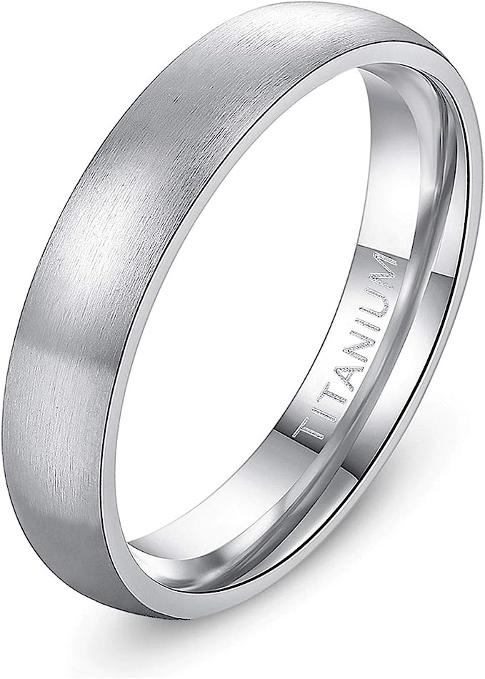 Genuine Titanium Silver Brushed 4mm Wide Dome Ring Wedding Band High Polished Comfort Fit.