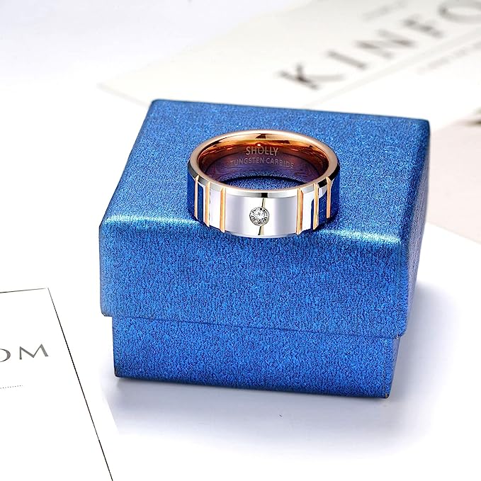 Genuine Tungsten Carbide 8mm, polished, inner ring rose gold, shining finish, inlaid with Comfort Fit wedding band Size 6-15