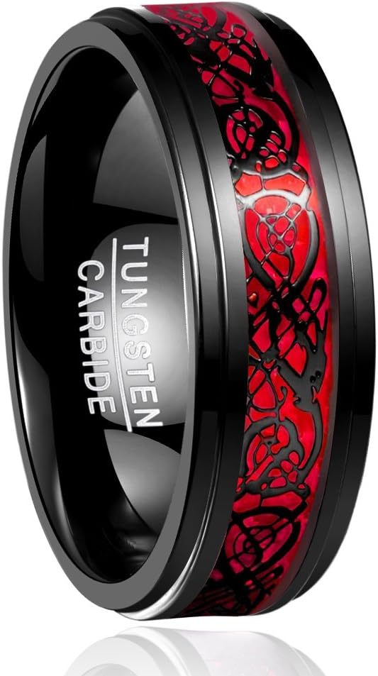 Genuine Carbide Tungsten Color: Black & Red Celtic Dragon Carbon Fiber 8mm RING Polished Shiny Comfort Fit Wedding Band Size Size 6-15