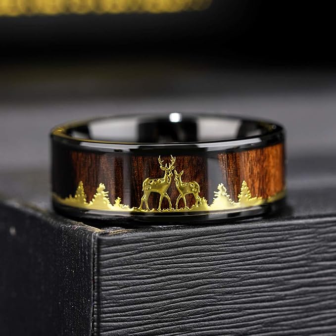 Genuine Carbide Tungsten Color: 8mm BLACK GOLD DEER FAMILY KOA WOOD inlay High polished inner-face design smooth and shiny. Comfort Fit Wedding Band Size 6-15