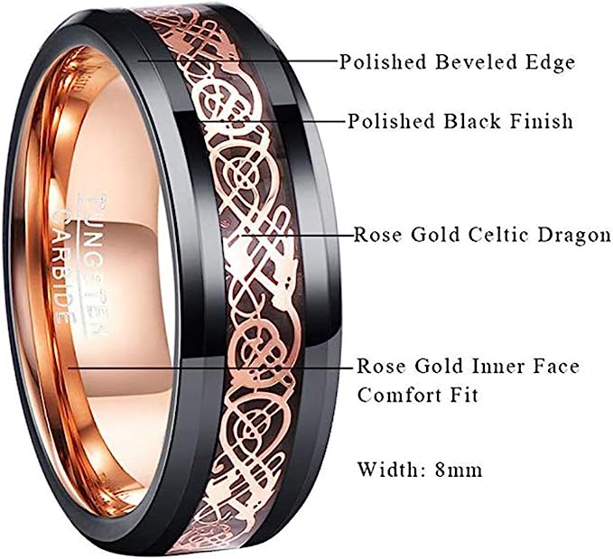 Genuine Carbide Tungsten Color: Black & Rose Gold Celtic Dragon Carbon Fiber 8mm RING Polished Shiny Comfort Fit Wedding Band Size Size 6-15