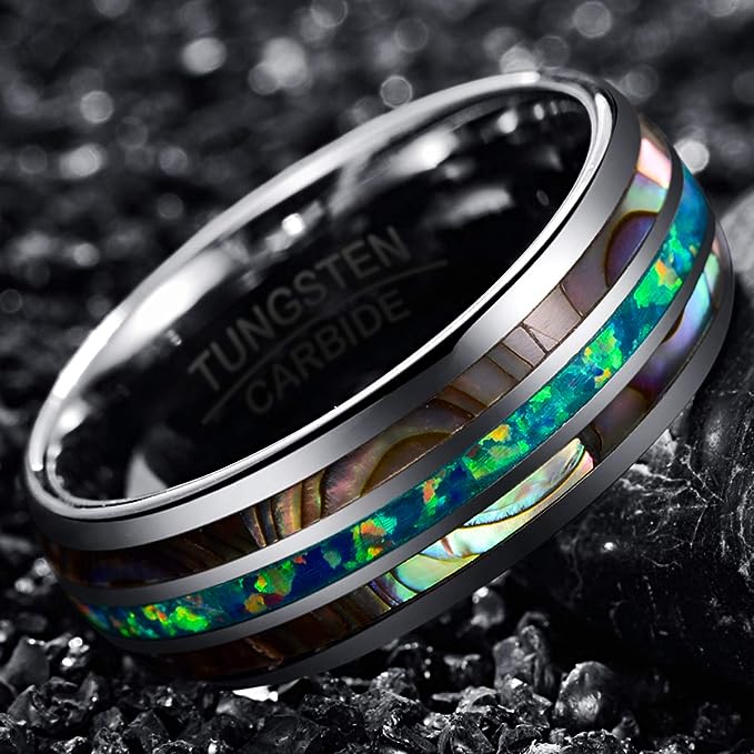 Genuine Carbide Tungsten Color: 8mm RING Marine Opal Silver Inner high polished inner-face design smooth and shiny. Comfort Fit Wedding Band Size 6-15