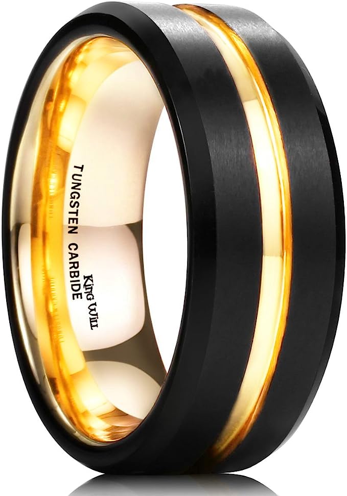 Genuine Carbide Tungsten Color: 8mm BLACK/GOLD High Polish inner face makes it smooth and shiny Comfort Fit Wedding Band Size 6-15