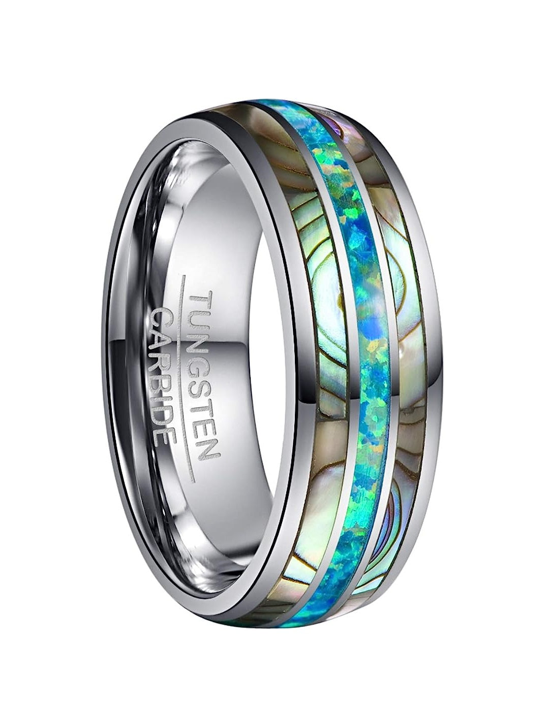 Genuine Carbide Tungsten Color: 8mm RING Marine Opal Silver Inner high polished inner-face design smooth and shiny. Comfort Fit Wedding Band Size 6-15