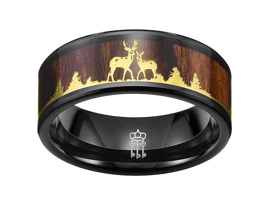 Genuine Carbide Tungsten Color: 8mm BLACK GOLD DEER FAMILY KOA WOOD inlay High polished inner-face design smooth and shiny. Comfort Fit Wedding Band Size 6-15