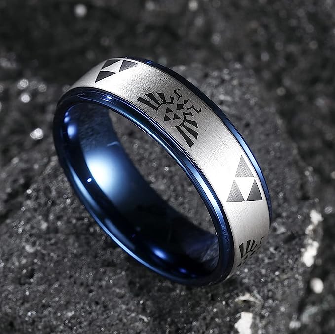 Genuine Carbide Tungsten Color:  BLUE The Legend of Zelda Pattern inlay, 8mm RING Polished Shiny Comfort Fit Wedding Band Size Size 6-15