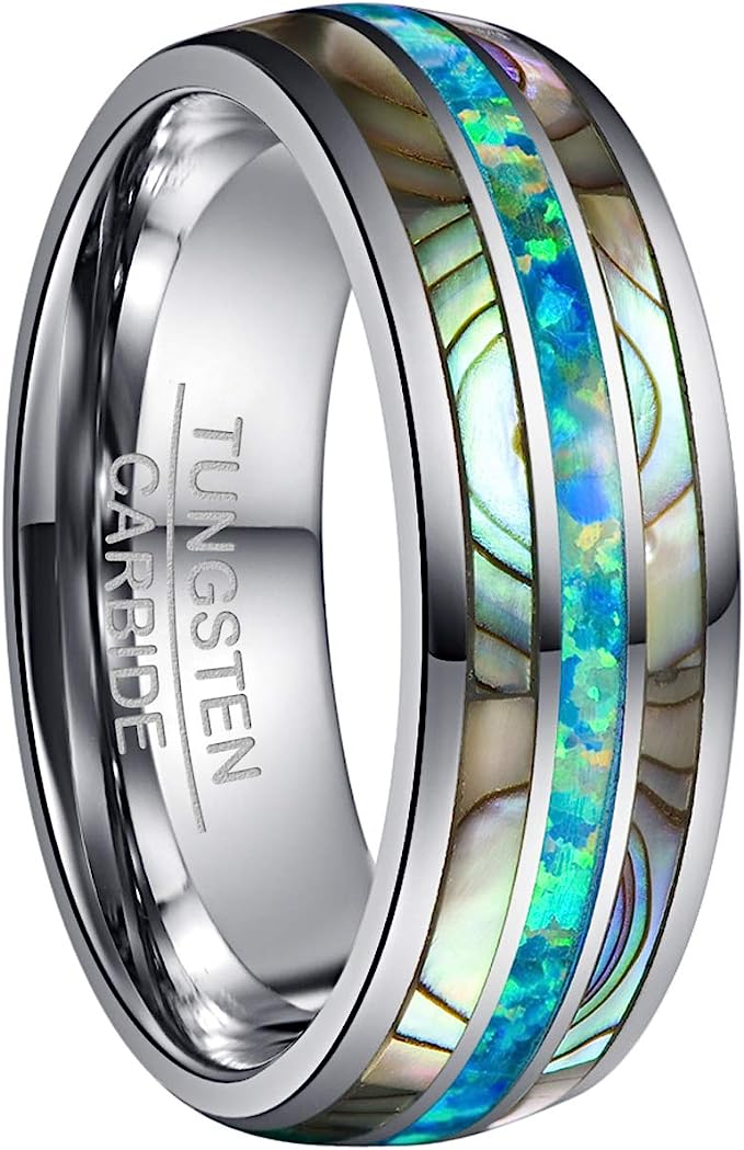 Genuine Carbide Tungsten Color: 8mm RING Marine Opal Silver Inner high polished inner-face design smooth and shiny. Comfort Fit Wedding Band Size 6-15