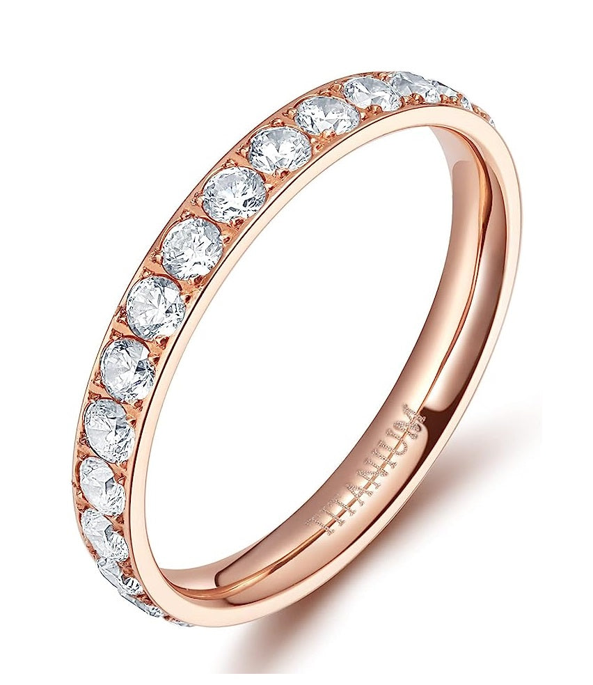 Genuine Titanium Rose Gold 3mm Wide Ring Cubic Zirconia Eternity High Polished Comfort Fit.