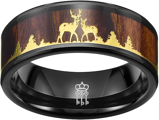 Genuine Carbide Tungsten Color: 8mm BLACK GOLD DEER FAMILY KOA WOOD inlay High polished inner-face design smooth and shiny. Comfort Fit Wedding Band Size 6-15