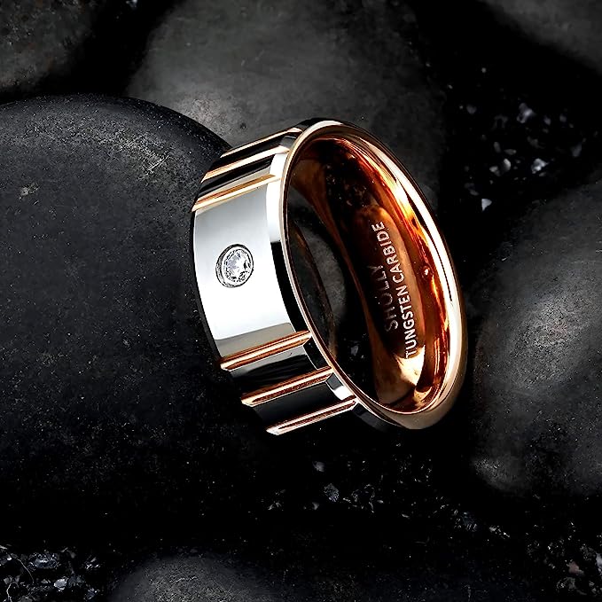 Genuine Tungsten Carbide 8mm, polished, inner ring rose gold, shining finish, inlaid with Comfort Fit wedding band Size 6-15