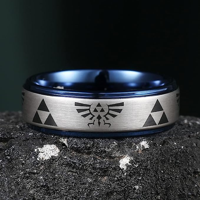 Genuine Carbide Tungsten Color:  BLUE The Legend of Zelda Pattern inlay, 8mm RING Polished Shiny Comfort Fit Wedding Band Size Size 6-15