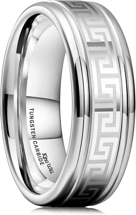 Genuine Carbide Tungsten Color: SILVER 8mm with Laser engraving pattern Lasered Gorgeous Stunning Polished Shiny Comfort Fit Wedding Band Size Size 6-15