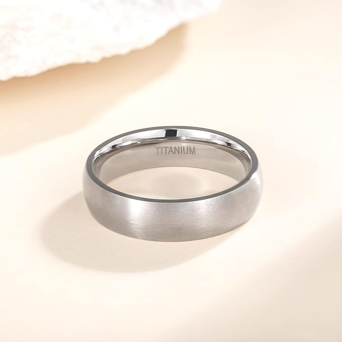 Genuine Titanium Silver Brushed 6mm Wide Dome Ring Wedding Band High Polished Comfort Fit.