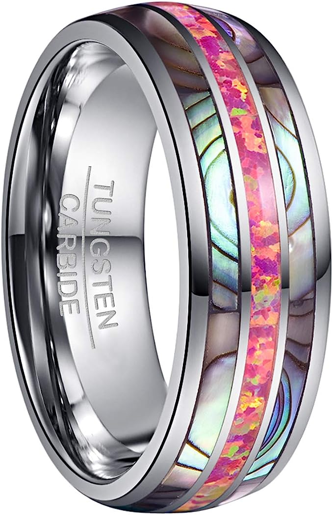 Genuine Carbide Tungsten Color: 8mm RING Carmine Red Opal Silver Inner high polished inner-face design smooth and shiny. Comfort Fit Wedding Band Size 6-15