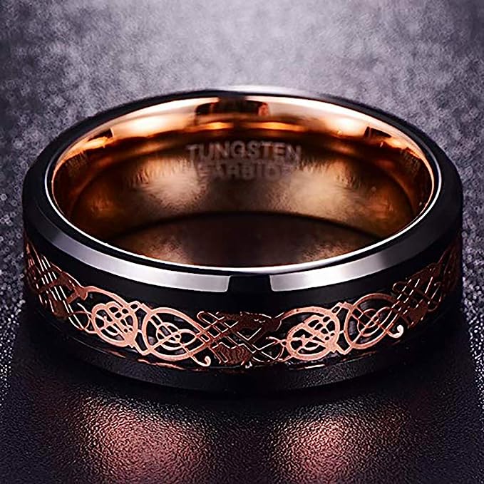 Genuine Carbide Tungsten Color: Black & Rose Gold Celtic Dragon Carbon Fiber 8mm RING Polished Shiny Comfort Fit Wedding Band Size Size 6-15