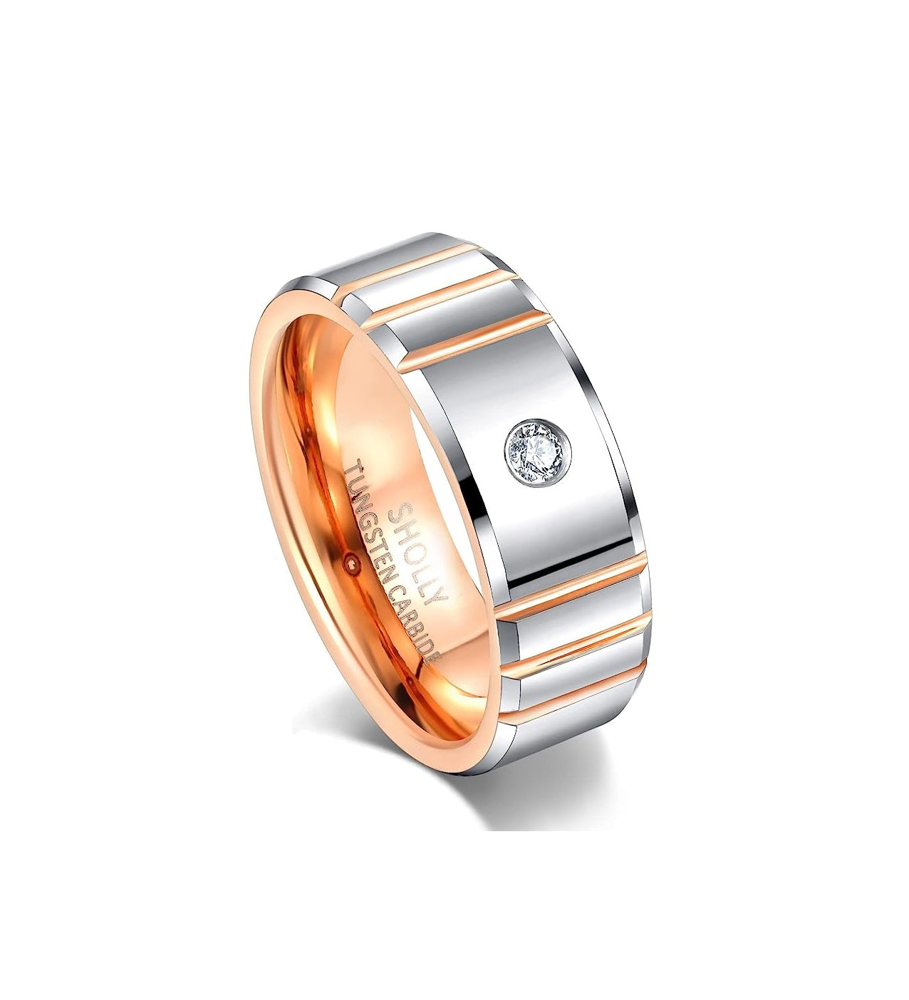 Genuine Tungsten Carbide 8mm, polished, inner ring rose gold, shining finish, inlaid with Comfort Fit wedding band Size 6-15