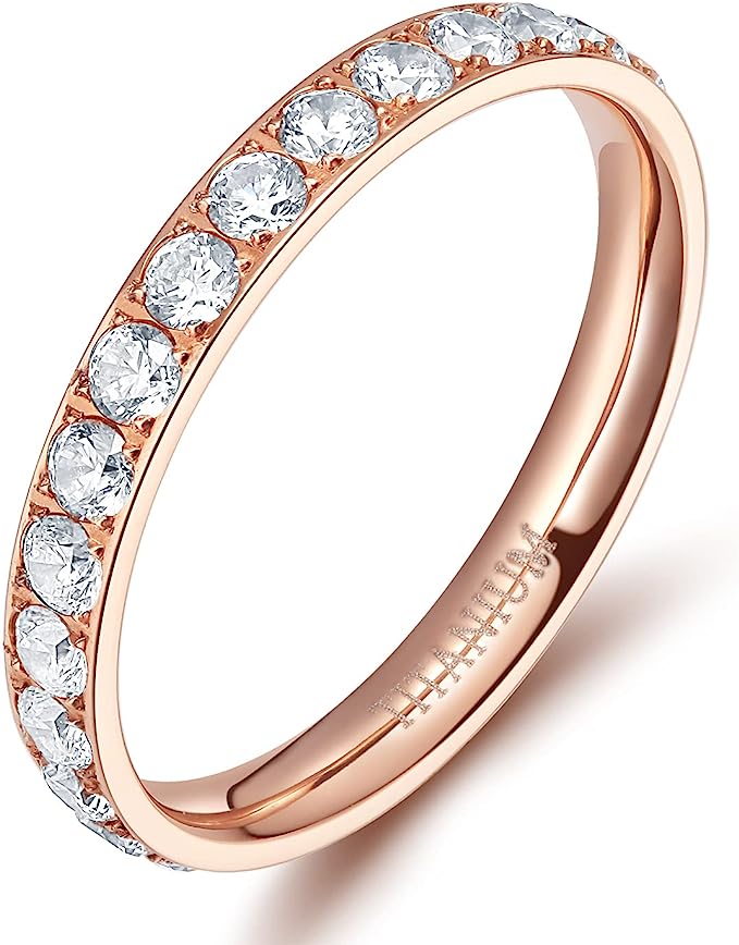 Genuine Titanium Rose Gold 3mm Wide Ring Cubic Zirconia Eternity High Polished Comfort Fit.