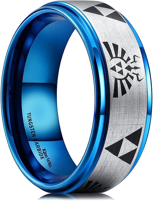 Genuine Carbide Tungsten Color:  BLUE The Legend of Zelda Pattern inlay, 8mm RING Polished Shiny Comfort Fit Wedding Band Size Size 6-15