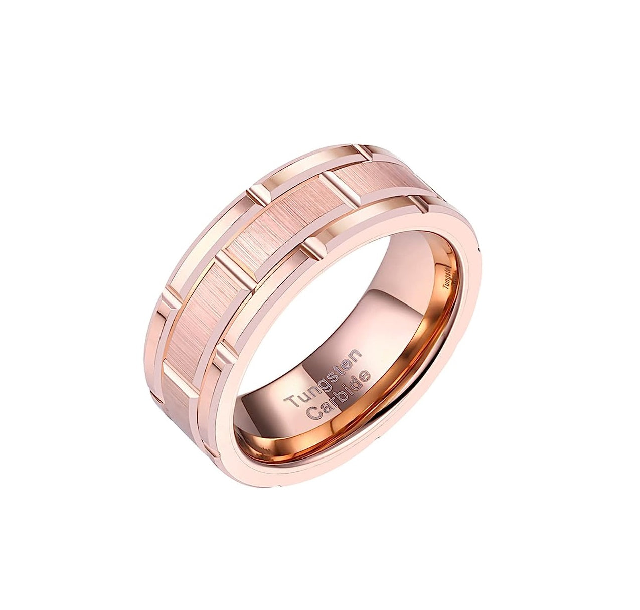 Genuine Tungsten Carbide 8mm CASUAL & MODERN: Rose Gold Brick band for a bride or groom High finish polished beveled edge comfort fit wedding band Size 6-15