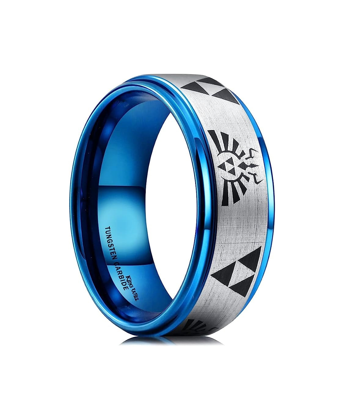 Genuine Carbide Tungsten Color:  BLUE The Legend of Zelda Pattern inlay, 8mm RING Polished Shiny Comfort Fit Wedding Band Size Size 6-15