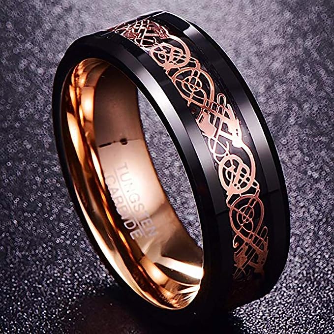 Genuine Carbide Tungsten Color: Black & Rose Gold Celtic Dragon Carbon Fiber 8mm RING Polished Shiny Comfort Fit Wedding Band Size Size 6-15