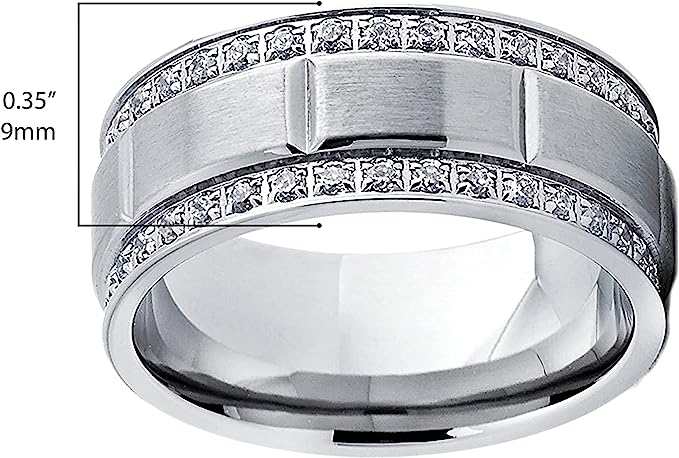 Genuine Titanium Silver 9mm Wide Ring Double Row CZ High Polished Comfort Fit.