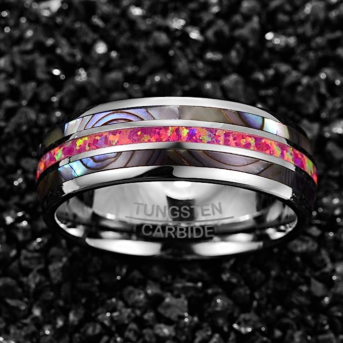 Genuine Carbide Tungsten Color: 8mm RING Carmine Red Opal Silver Inner high polished inner-face design smooth and shiny. Comfort Fit Wedding Band Size 6-15