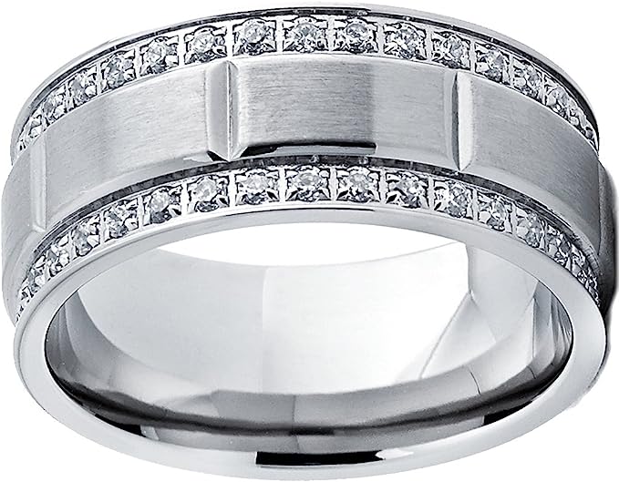 Genuine Titanium Silver 9mm Wide Ring Double Row CZ High Polished Comfort Fit.