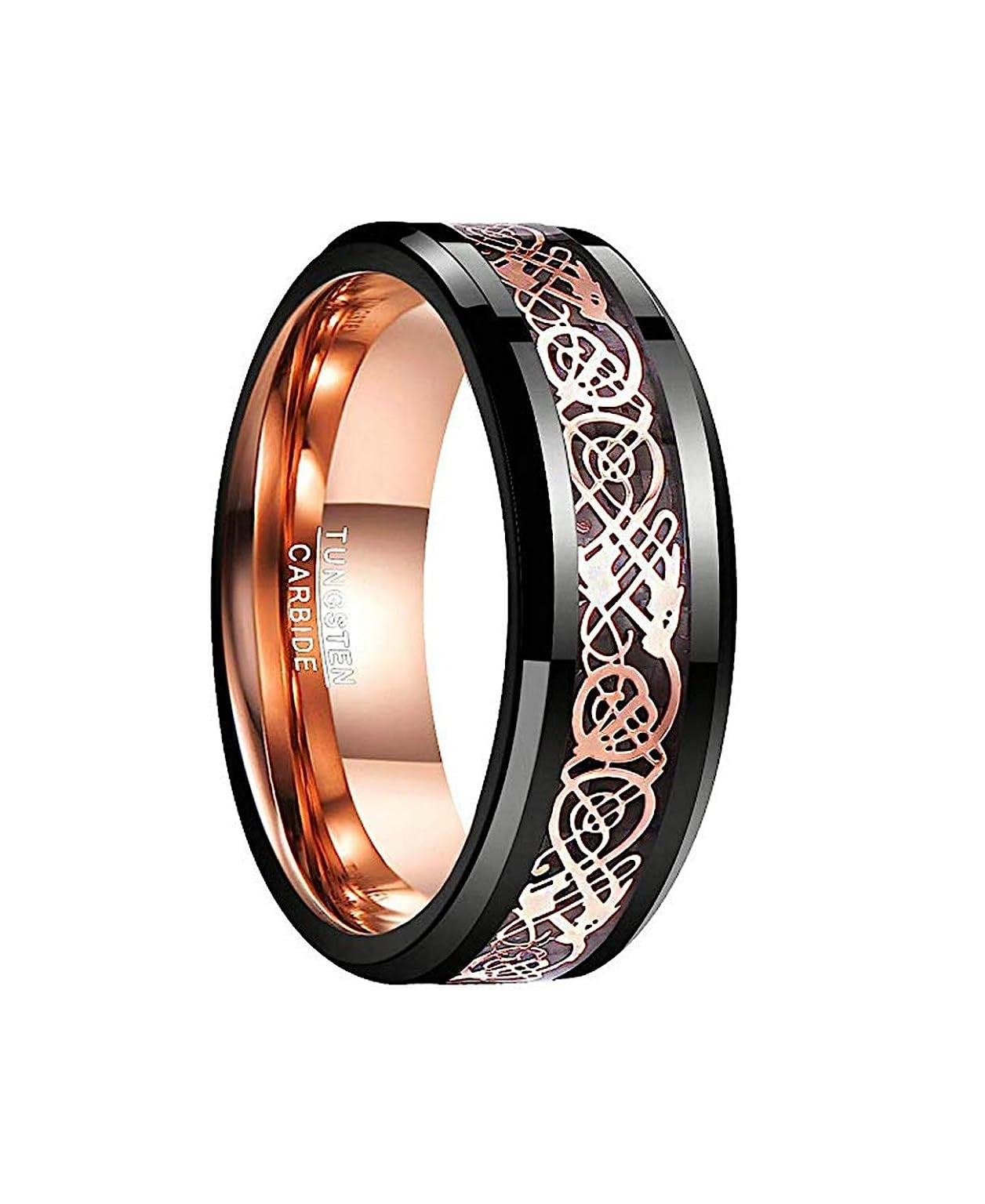 Genuine Carbide Tungsten Color: Black & Rose Gold Celtic Dragon Carbon Fiber 8mm RING Polished Shiny Comfort Fit Wedding Band Size Size 6-15