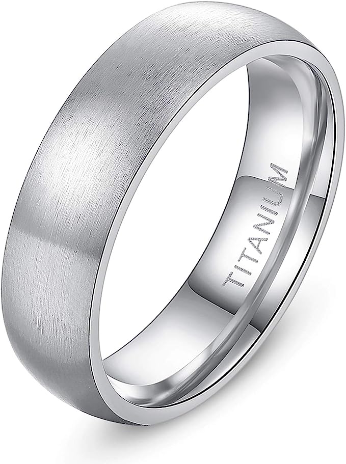 Genuine Titanium Silver Brushed 6mm Wide Dome Ring Wedding Band High Polished Comfort Fit.