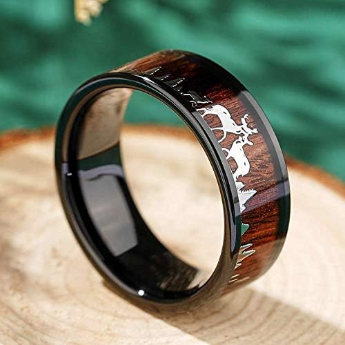 Genuine Carbide Tungsten Color: 8mm BLACK SILVER DEER FAMILY KOA WOOD inlay High polished inner-face design smooth and shiny. Comfort Fit Wedding Band Size 6-15