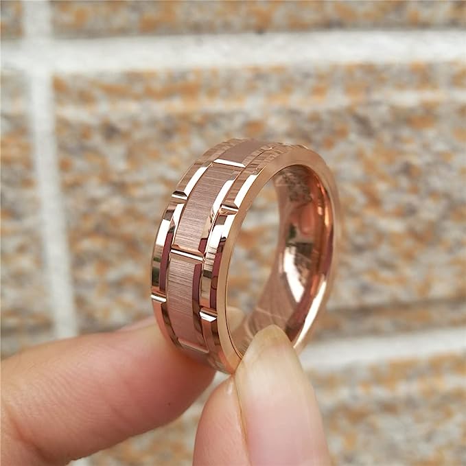 Genuine Tungsten Carbide 8mm CASUAL & MODERN: Rose Gold Brick band for a bride or groom High finish polished beveled edge comfort fit wedding band Size 6-15