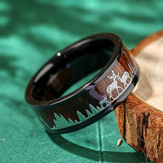 Genuine Carbide Tungsten Color: 8mm BLACK SILVER DEER FAMILY KOA WOOD inlay High polished inner-face design smooth and shiny. Comfort Fit Wedding Band Size 6-15