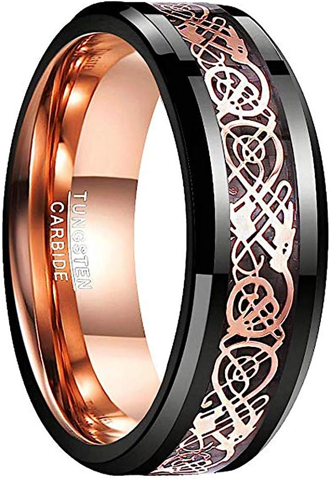 Genuine Carbide Tungsten Color: Black & Rose Gold Celtic Dragon Carbon Fiber 8mm RING Polished Shiny Comfort Fit Wedding Band Size Size 6-15