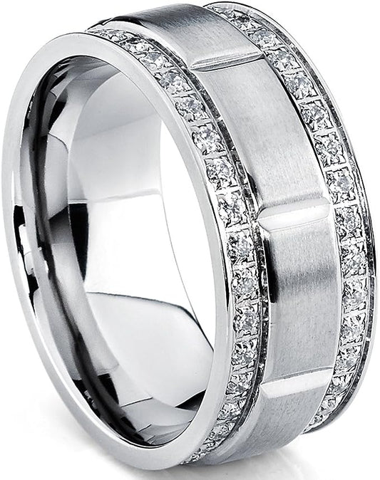 Genuine Titanium Silver 9mm Wide Ring Double Row CZ High Polished Comfort Fit.