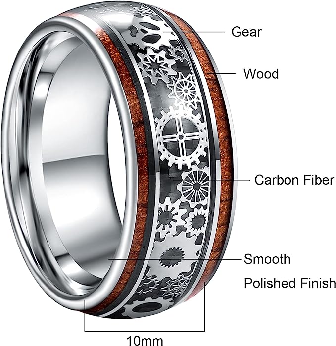 Genuine Carbide Tungsten Color: 10mm Koa Wood Silver Inner high polished inner-face design smooth and shiny. Comfort Fit Wedding Band Size 6-15