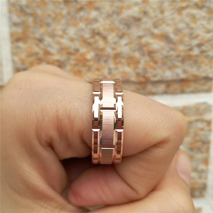 Genuine Tungsten Carbide 8mm CASUAL & MODERN: Rose Gold Brick band for a bride or groom High finish polished beveled edge comfort fit wedding band Size 6-15