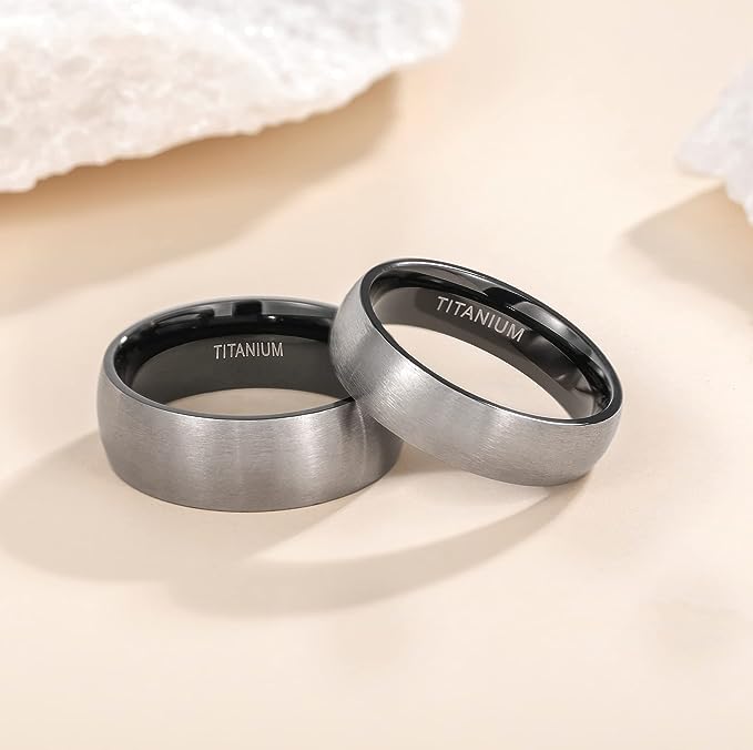 Genuine Titanium Silver Brushed Black 6mm Wide Dome Ring Wedding Band High Polished Comfort Fit.